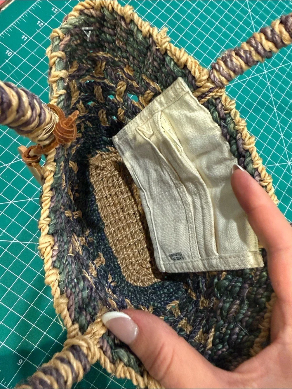 Nine West Woven Straw Mini Tote Purse Neutral Green Tan Open Weave Beach Bag